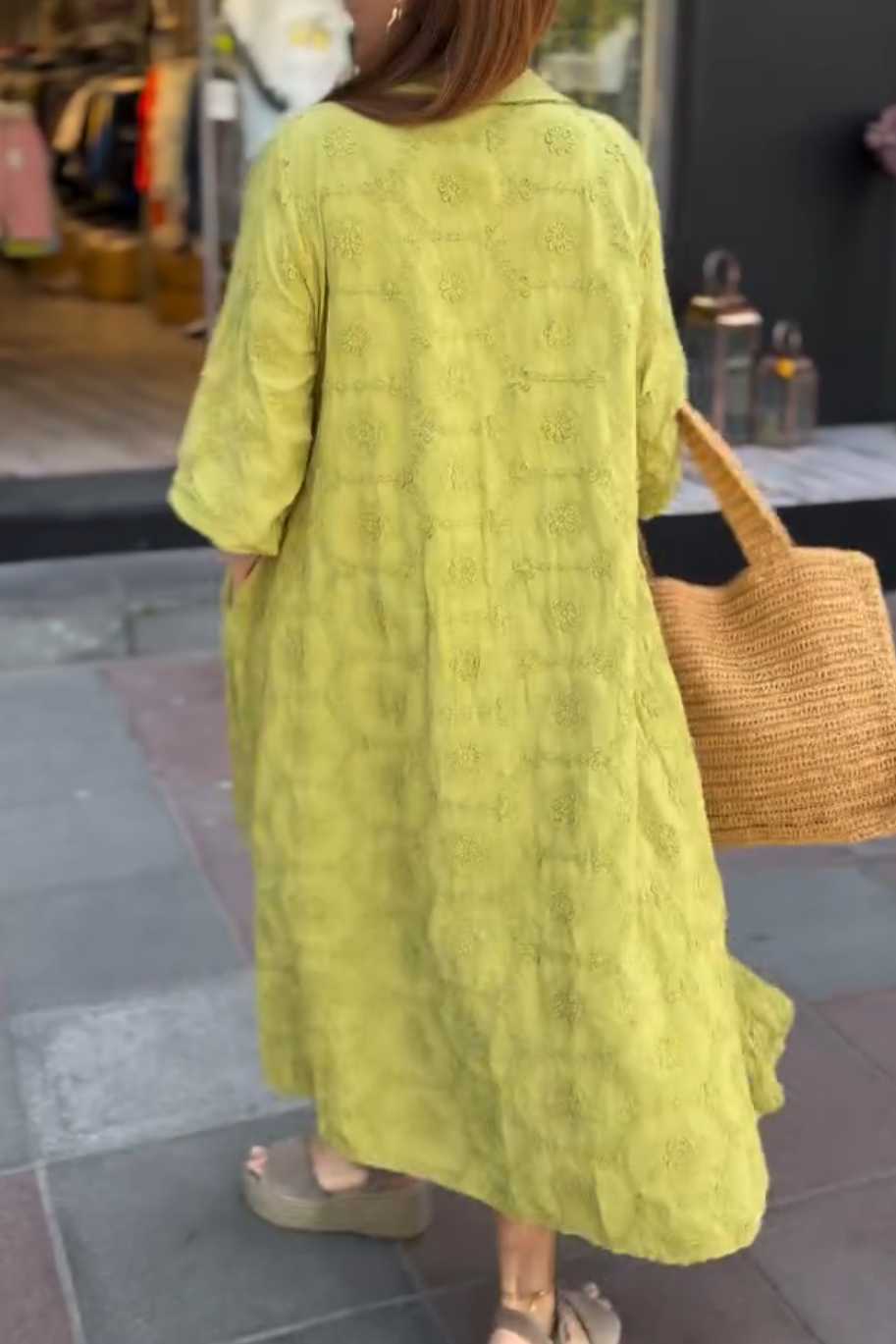 Embossed Floral Detailed Full Length Cotton Shirt Dress