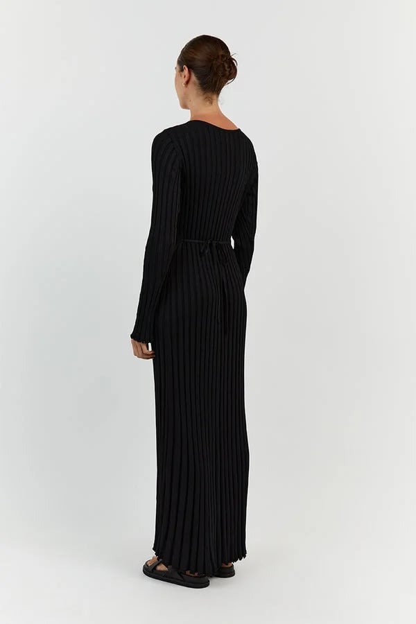 V-NECK Long Sleeved Knit Midi Dress