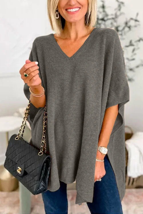 🌈V Neck Loose Fit Solid Poncho Sweater