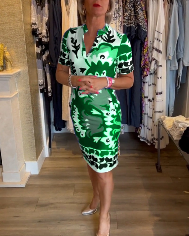 Short-Sleeve Printed V-Neck Dress