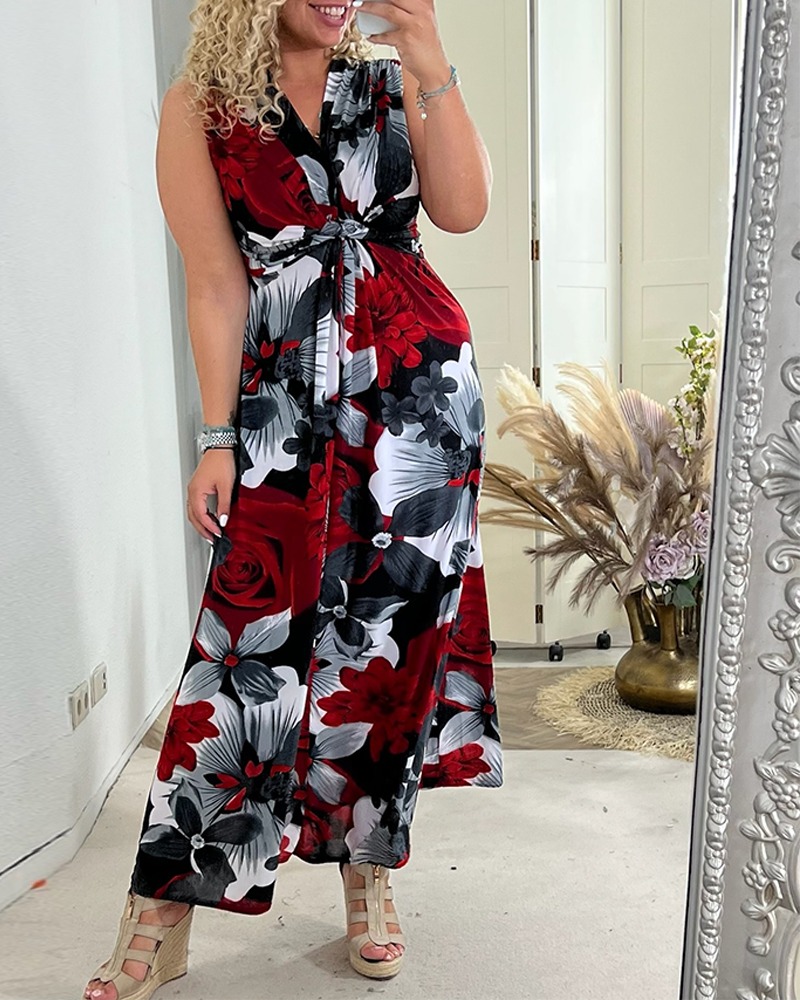 Floral Print Sleeveless Pleated Elegant Dress