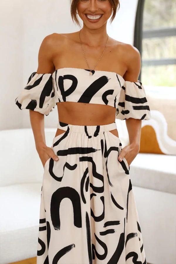 Printed Off Shoulder Crop Top and Pocketed Cutout Maxi Skirt Set