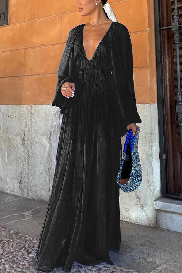 Chiffon Ruched Gathered Waist Maxi Dress