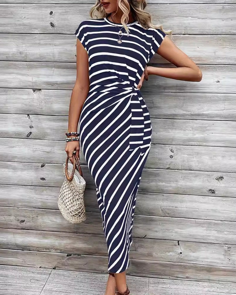 Fashion Striped Printed Strappy Raglan Sleeve Slim Dress