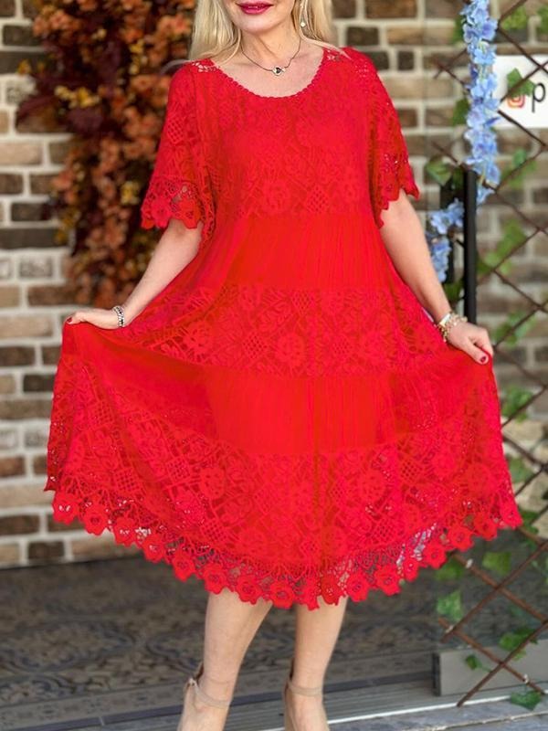 Round Neck Mid-length Sleeve Hollow Dress