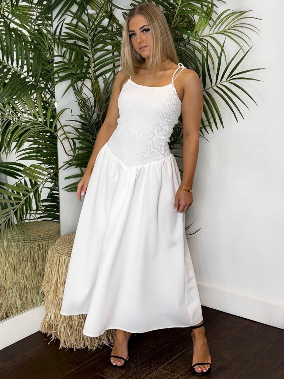 Shirring bodice detail midi dress with tie straps