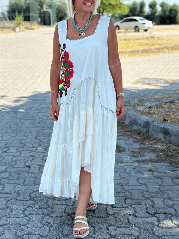 Casual Printed Patchwork Cotton And Linen Dress