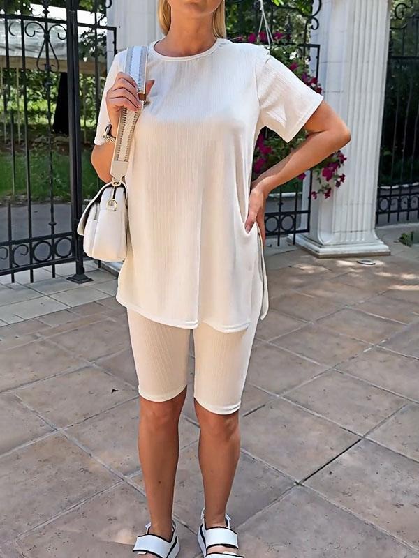 Solid Color Stretch Knit Top and Shorts Two-piece Set