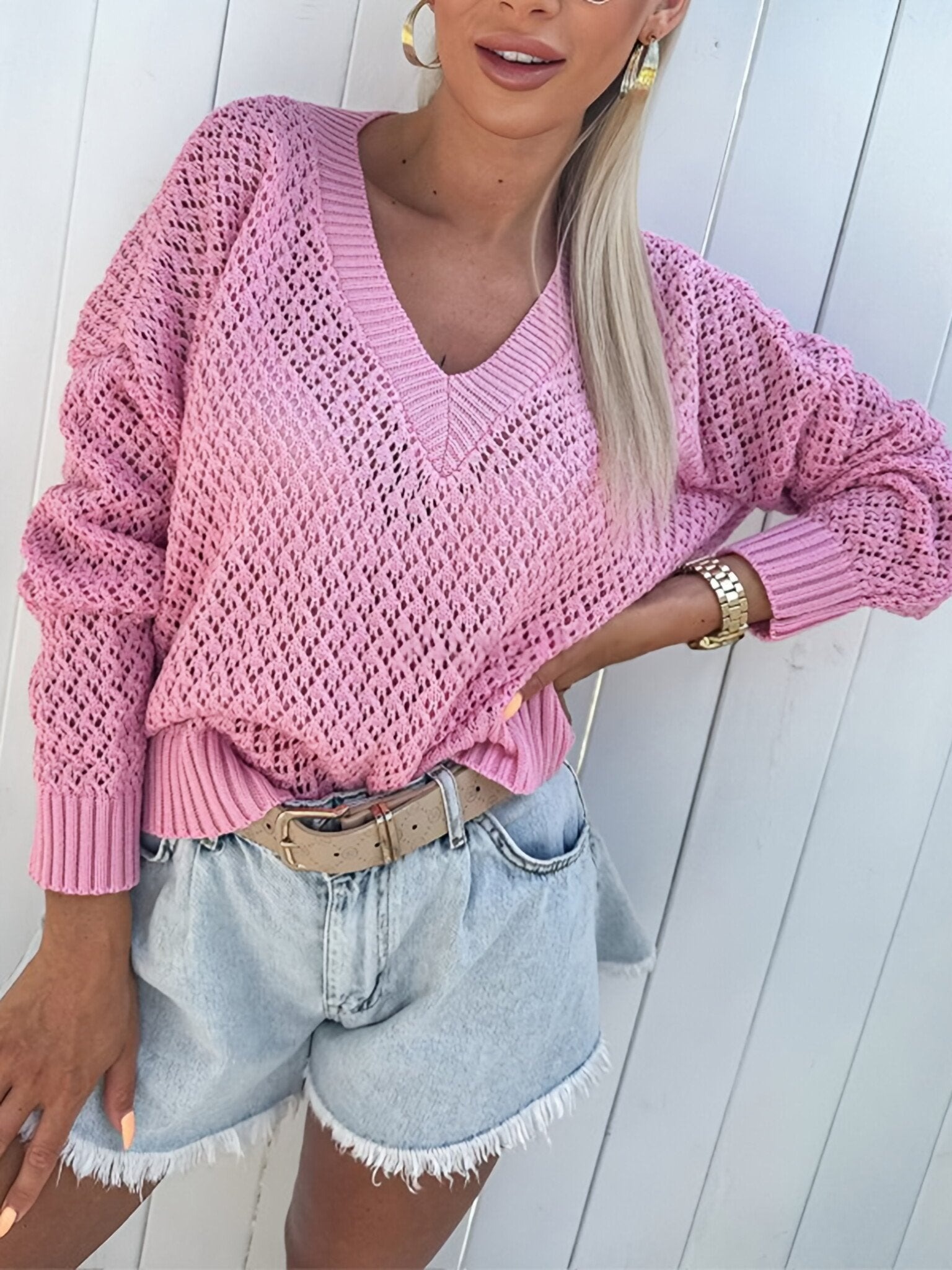 V-neck Hollow Solid Color Sweater
