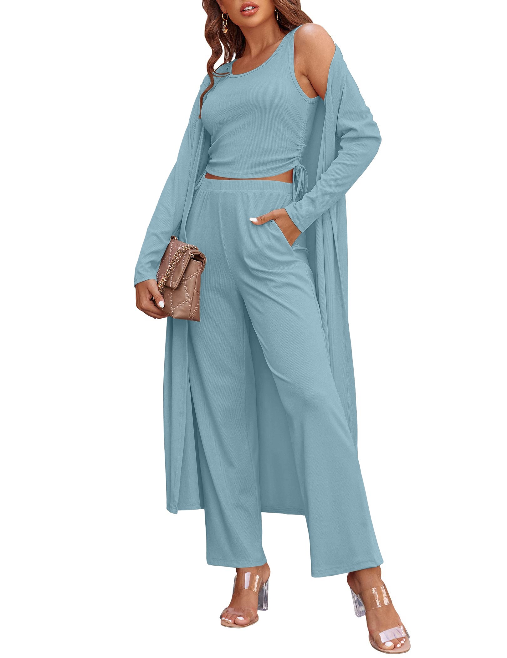 Long-sleeved cardigan top and pants pocket three-piece set