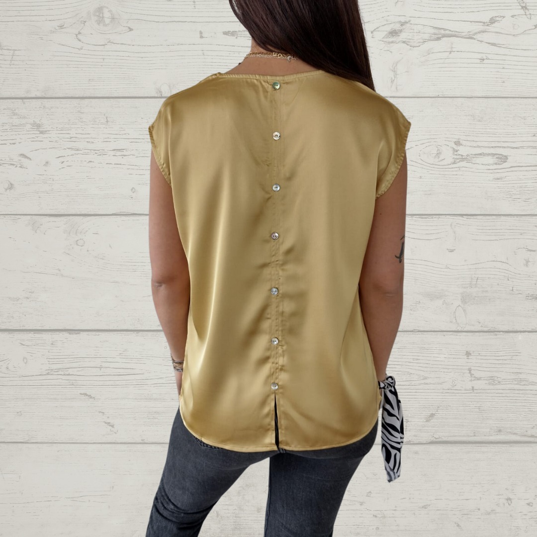 V-Neck Short Sleeve Back Button Blouse