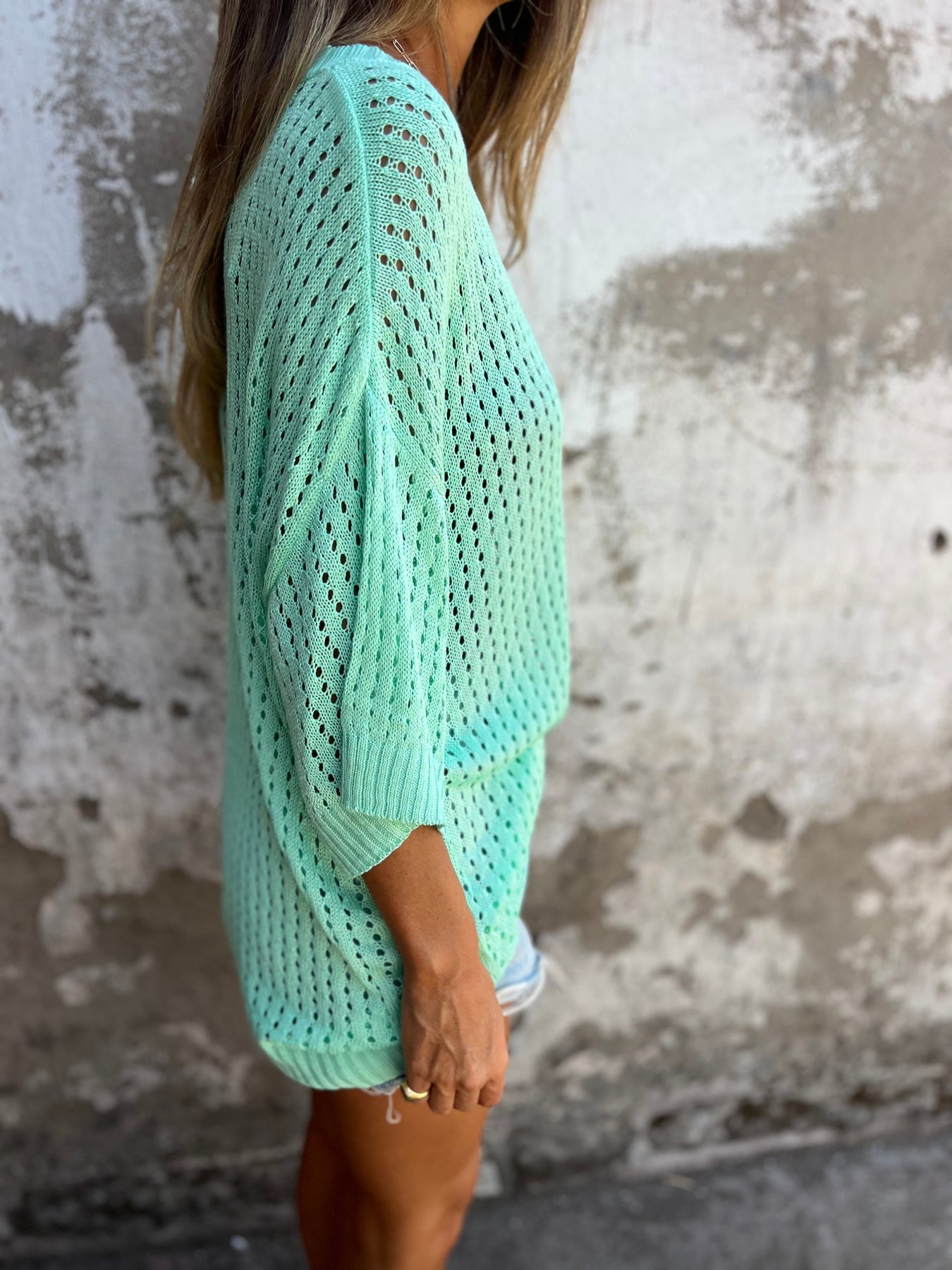 Hollow Knitted Mid-Sleeve Top