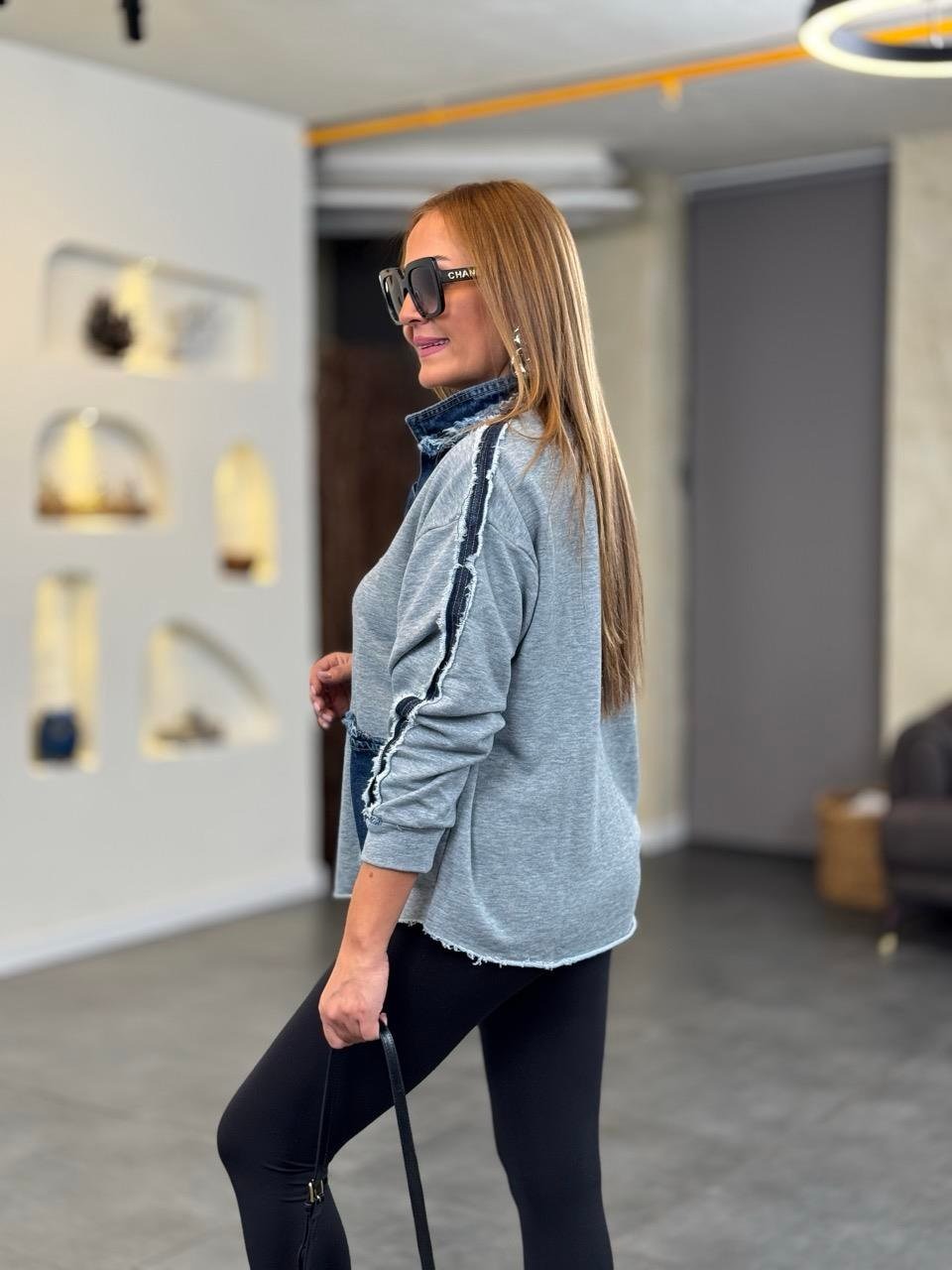 Patchwork Zipper Denim Sweatershirt