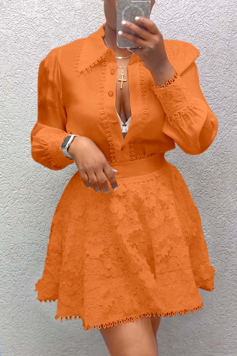 Elegant Long-sleeved Shirt And Lace Skirt Suit