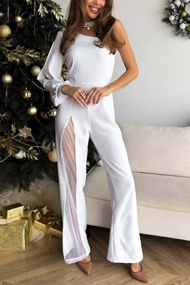 Casual Oblique Collar Split Chiffon Patchwork Jumpsuit