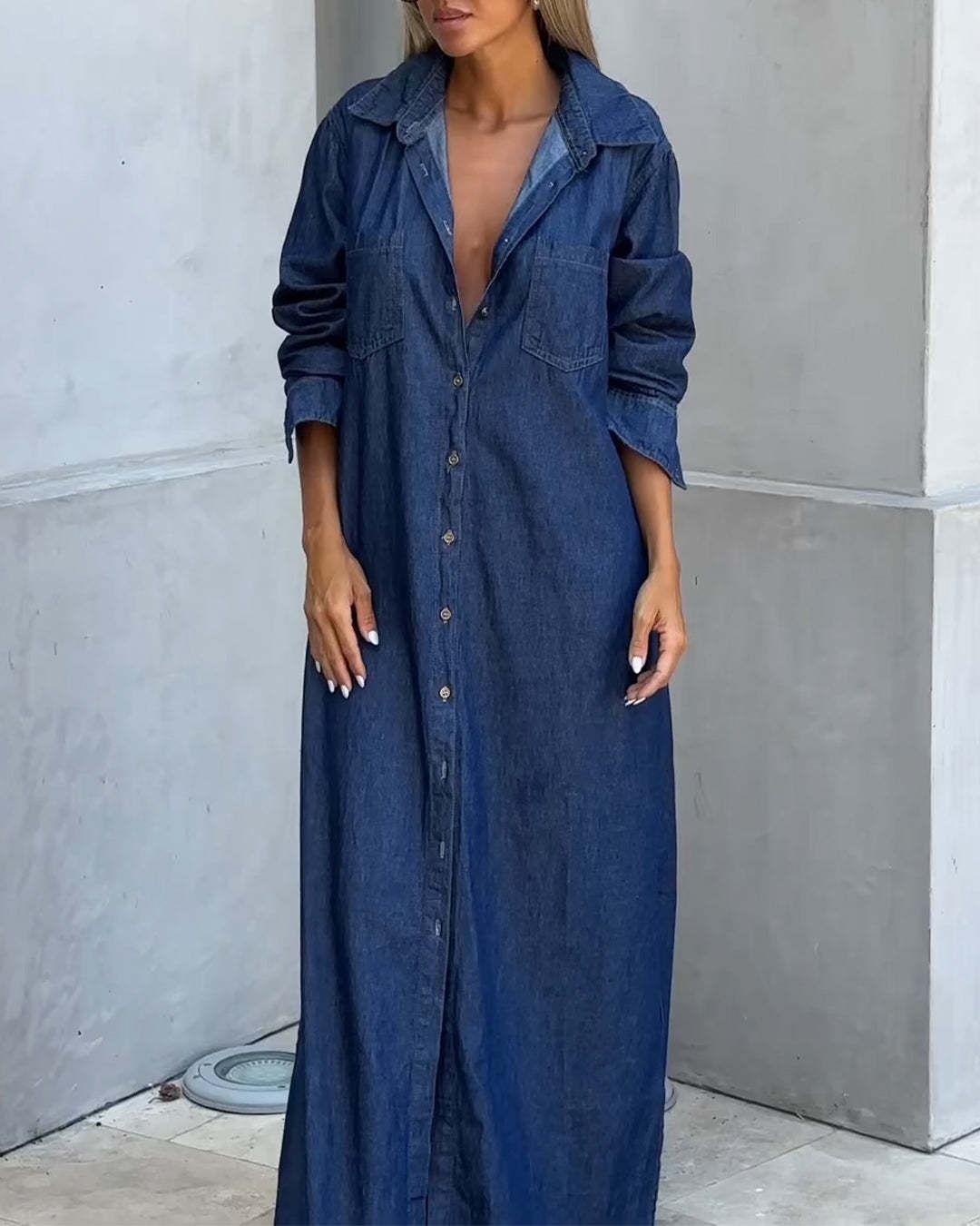 Lapel Button Long Sleeve Denim Long Dress