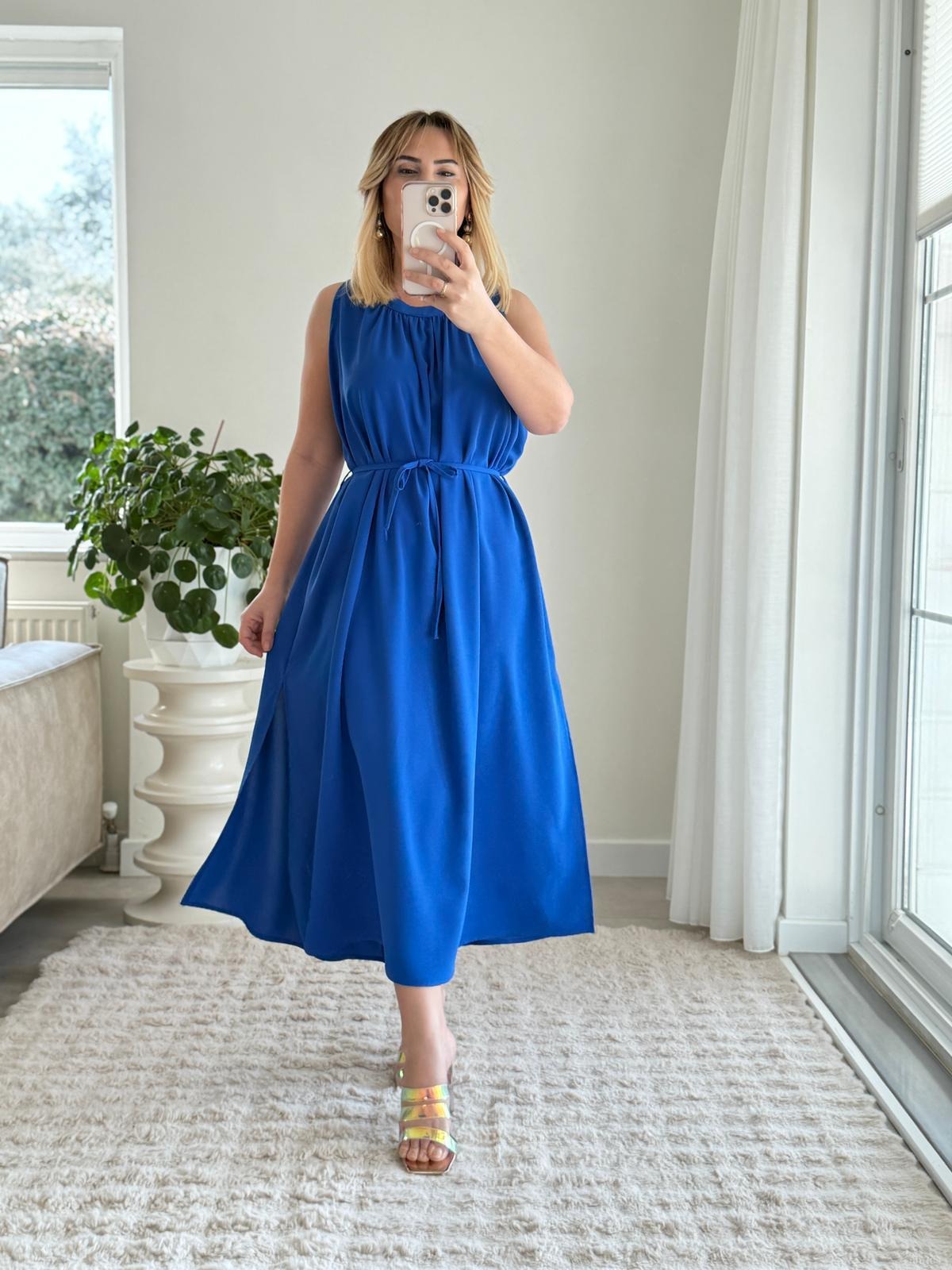 Sleeveless Lace Up Slit Dress