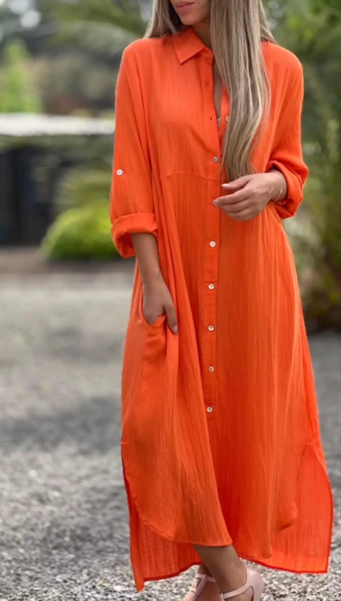 Women's Casual Solid Color Button Linen Shirt Dress
