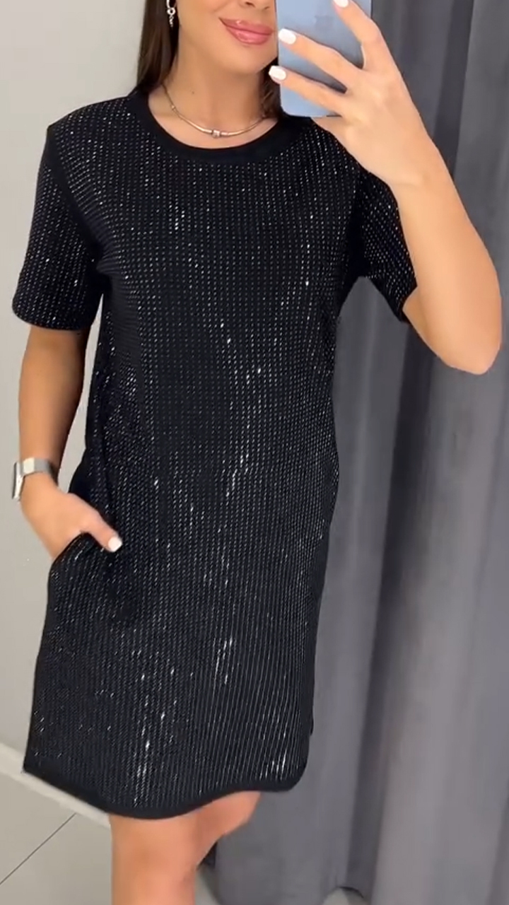 Casual Rhinestone Double Pocket Dress