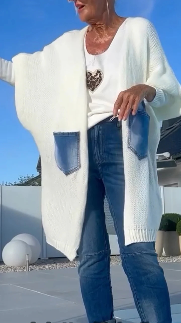 Women Patchwork Denim Pocket Casual Knitted Cardigan