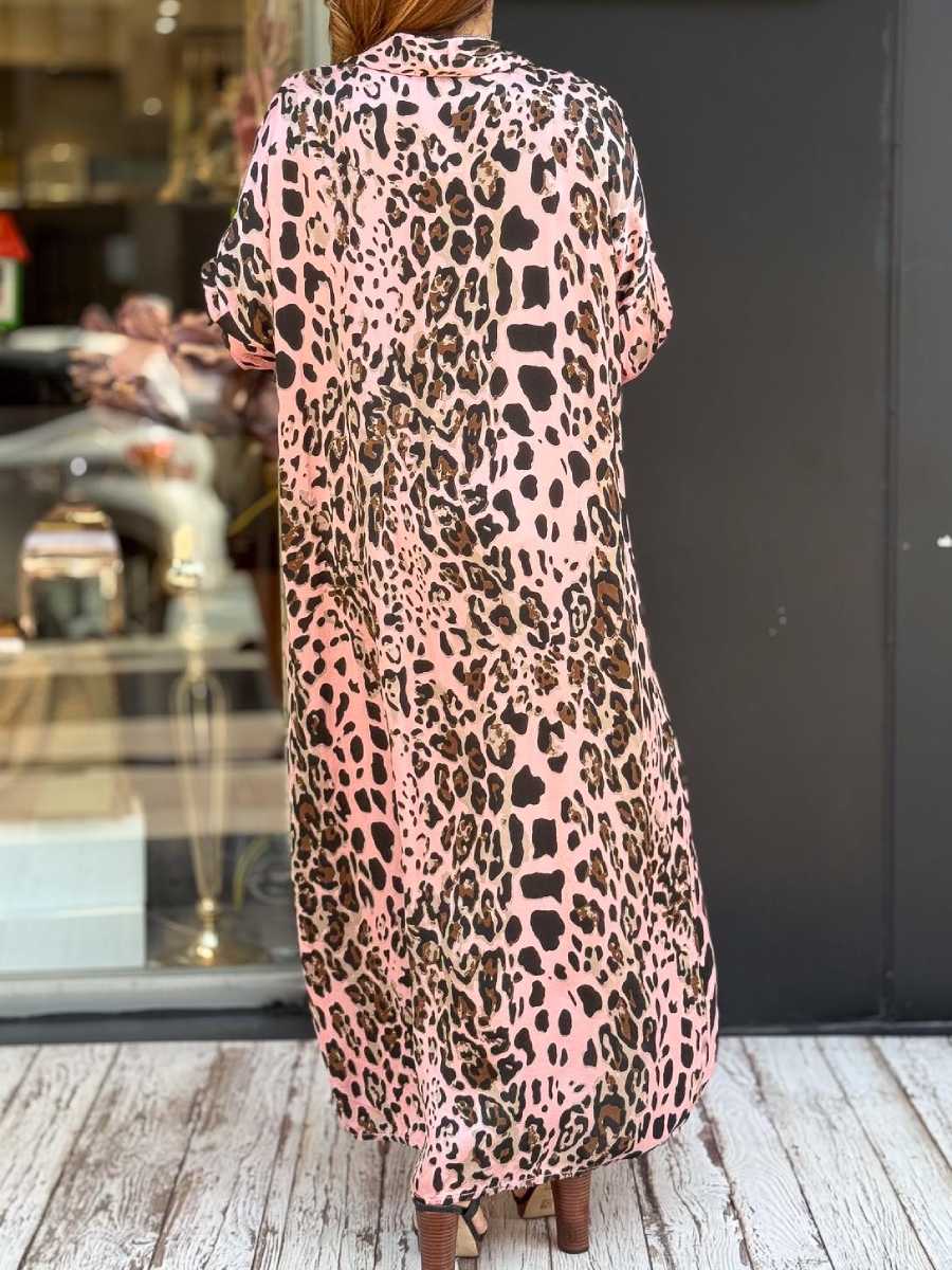Leopard Print Satin Shirt Dress
