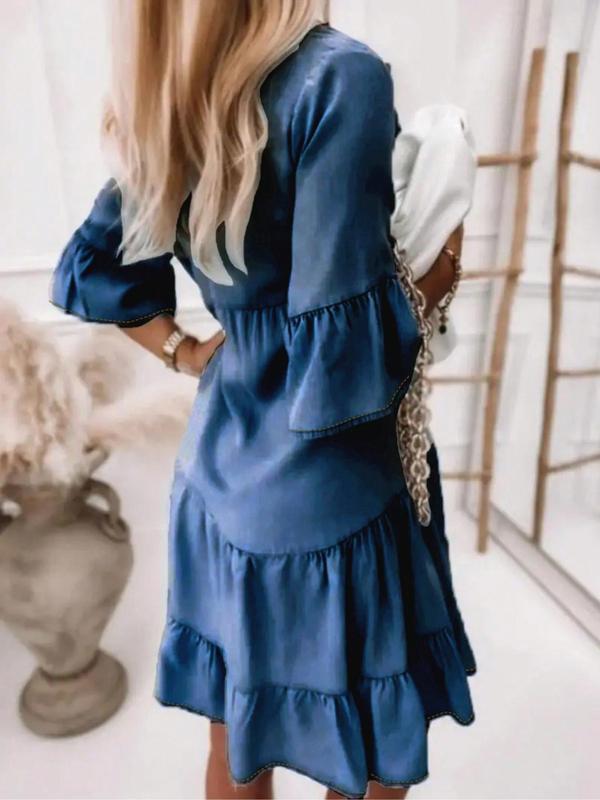 Denim-effect Print Ruffle Trim V Neck Dress