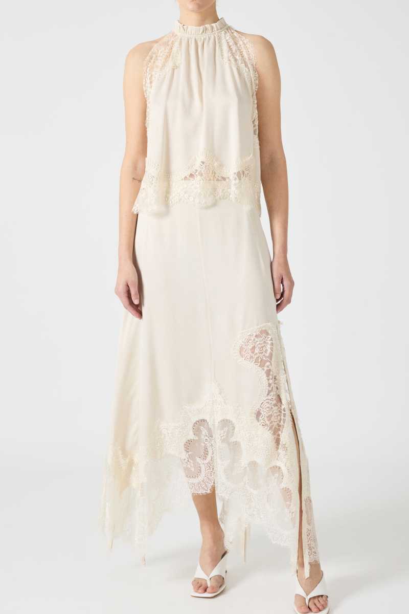 Lace Trim Midi Skirt Set with Sleeveless Halter Neck Top