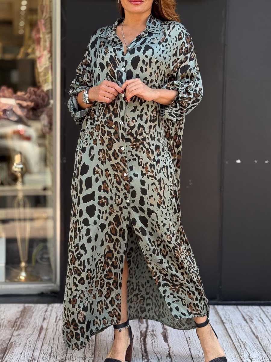 Leopard Print Satin Shirt Dress