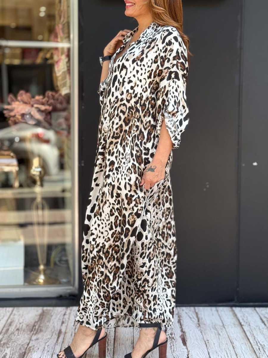 Leopard Print Satin Shirt Dress