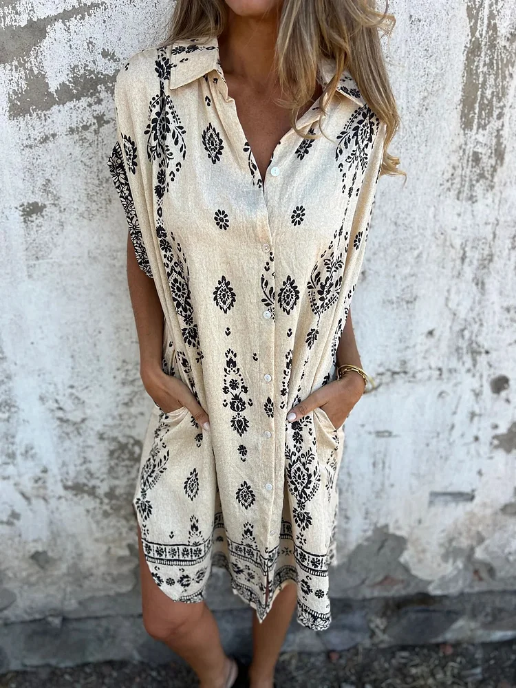 Fit & Flare Printed Short Sleeve Dress with Pockets