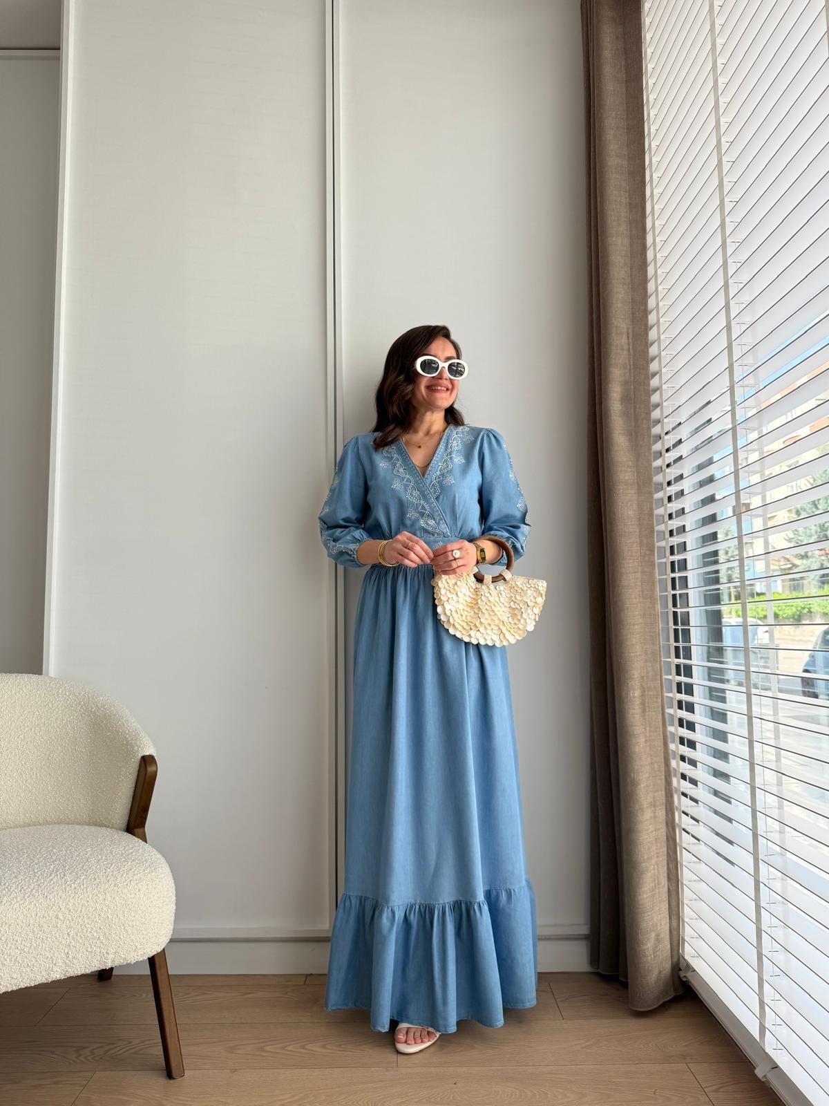 Blue Double Breasted Sequined Dress with Elastic Back