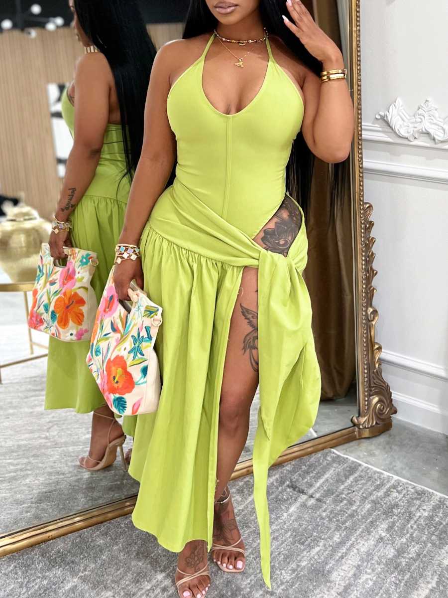 Women's Halter Neck Side Slit and Tie Waist Dress