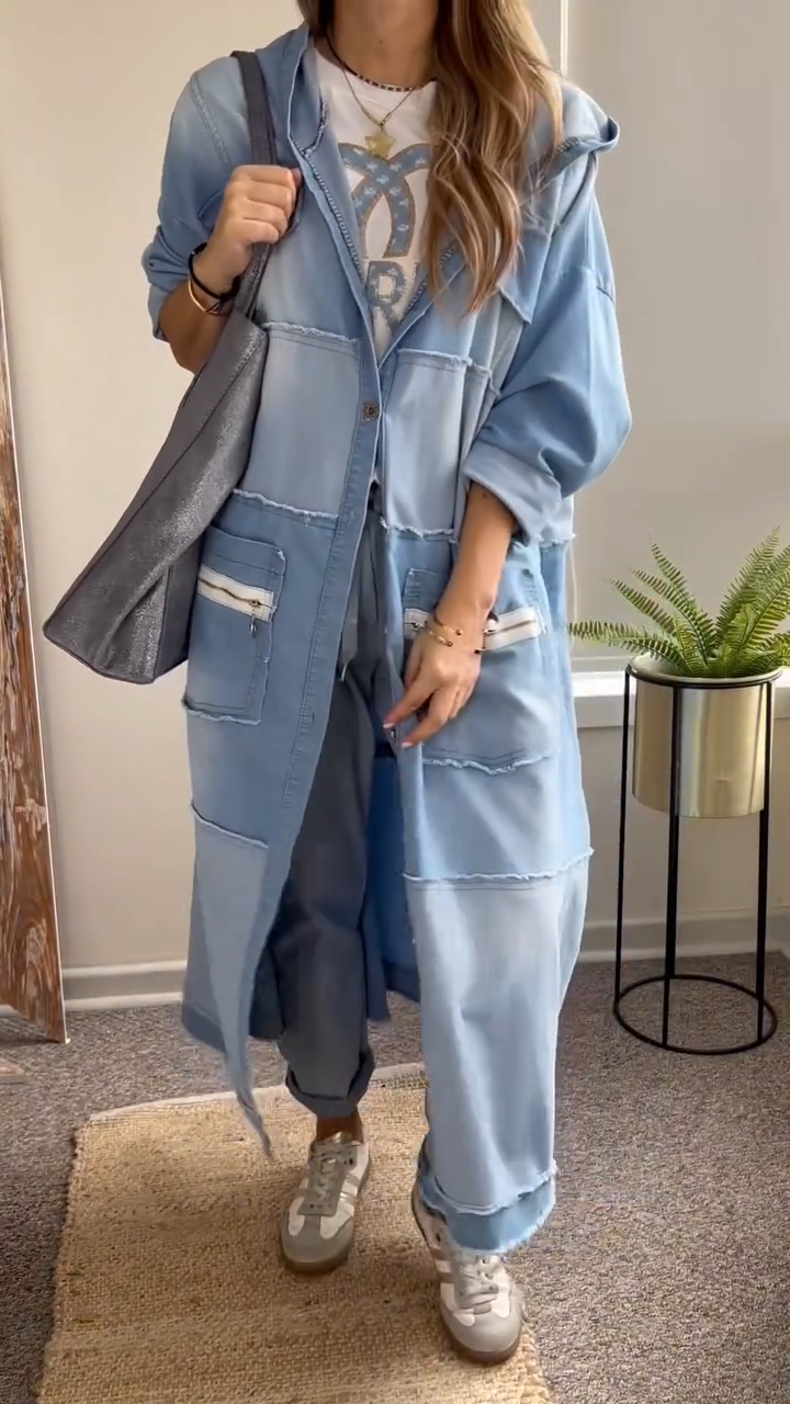 Women's Round Neck Hooded Buckle Splicing Casual Long Coat