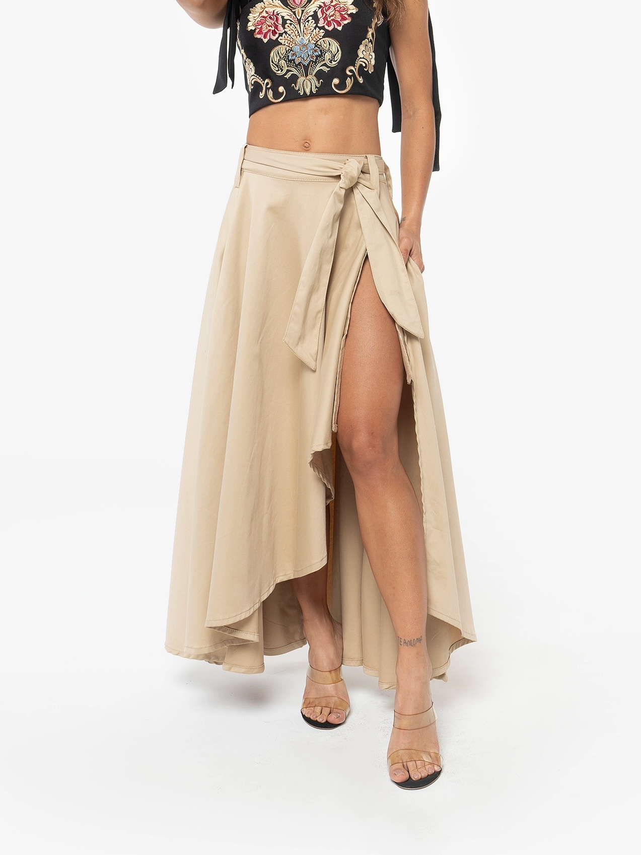 Street Muse Skirt-Women's High Slit Maxi Skirt with Tie Belt