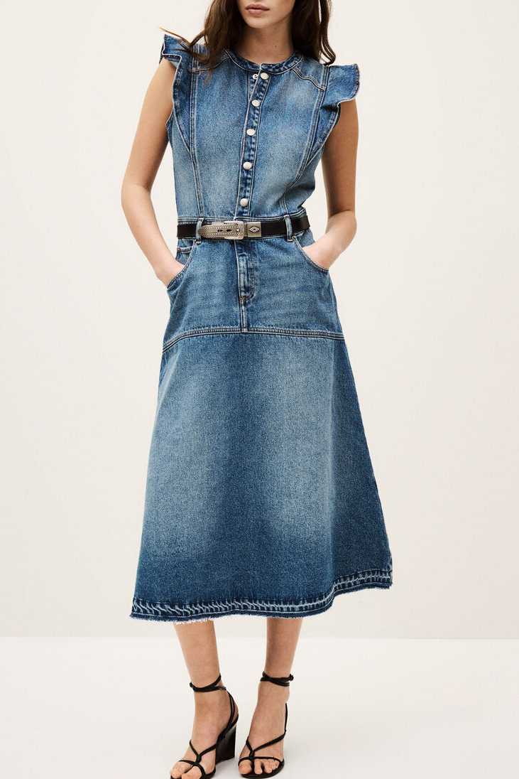 Ruffle Sleeve A-Line Midi Denim Dress