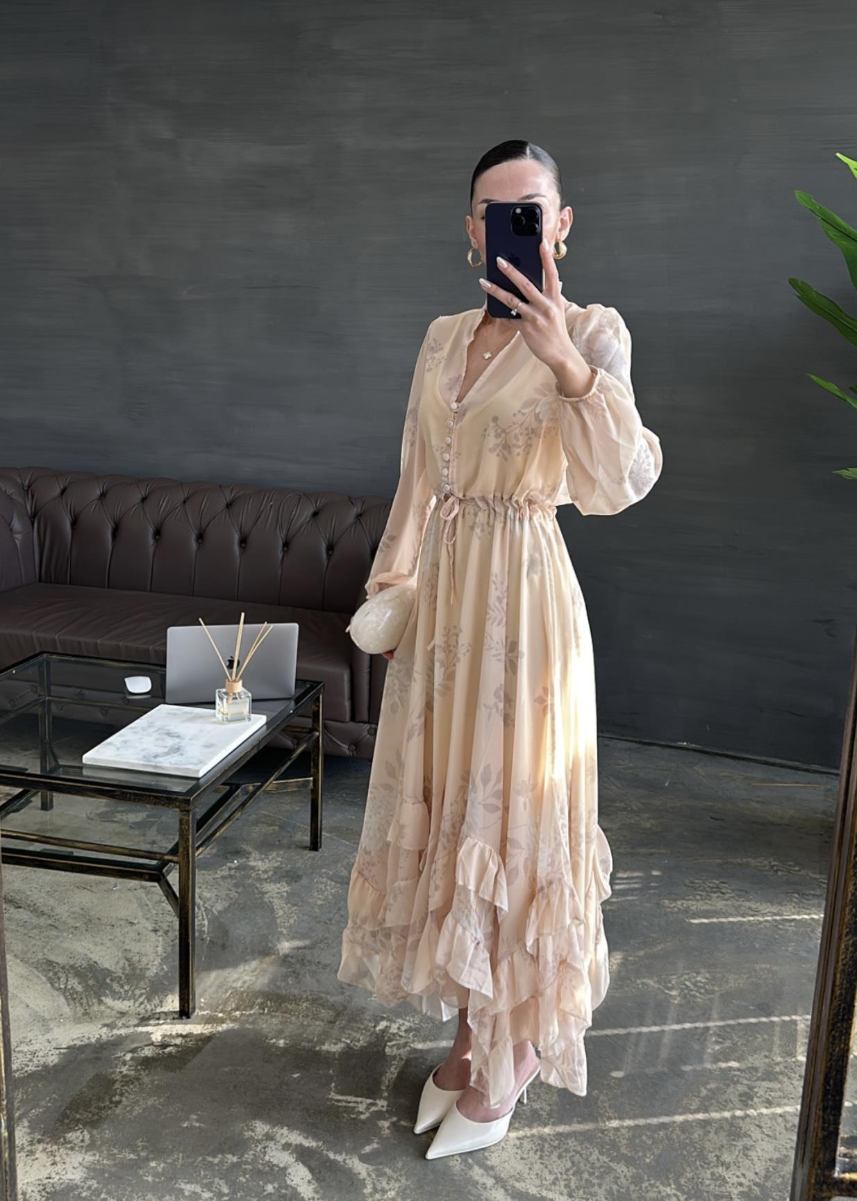 Floral Chiffon Maxi Dress with Asymmetrical Ruffle Hem