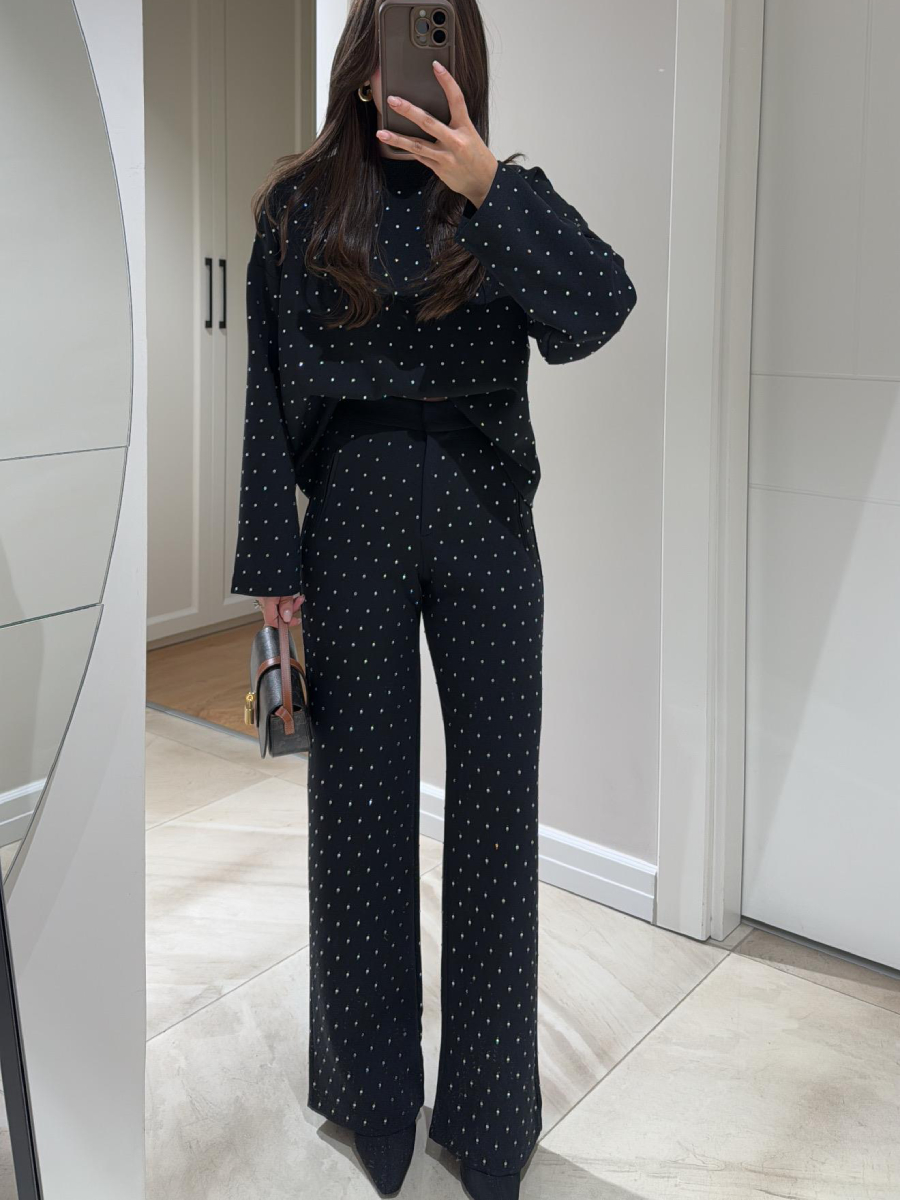 Black Round-Neck Rhinestone Trouser Two-Piece Suit