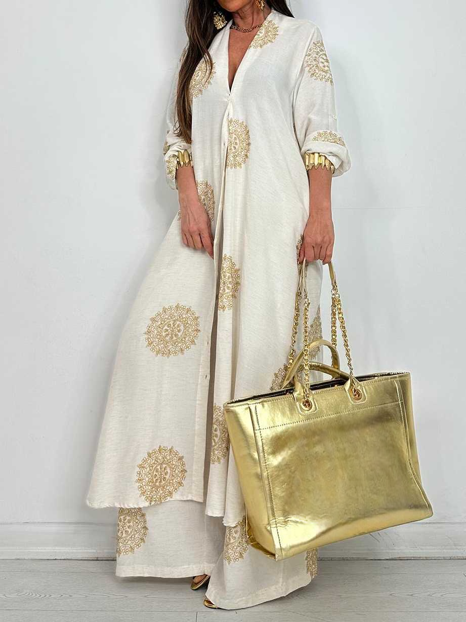 Embroidered Shirt Midi Top And Wide-Leg Pants Set