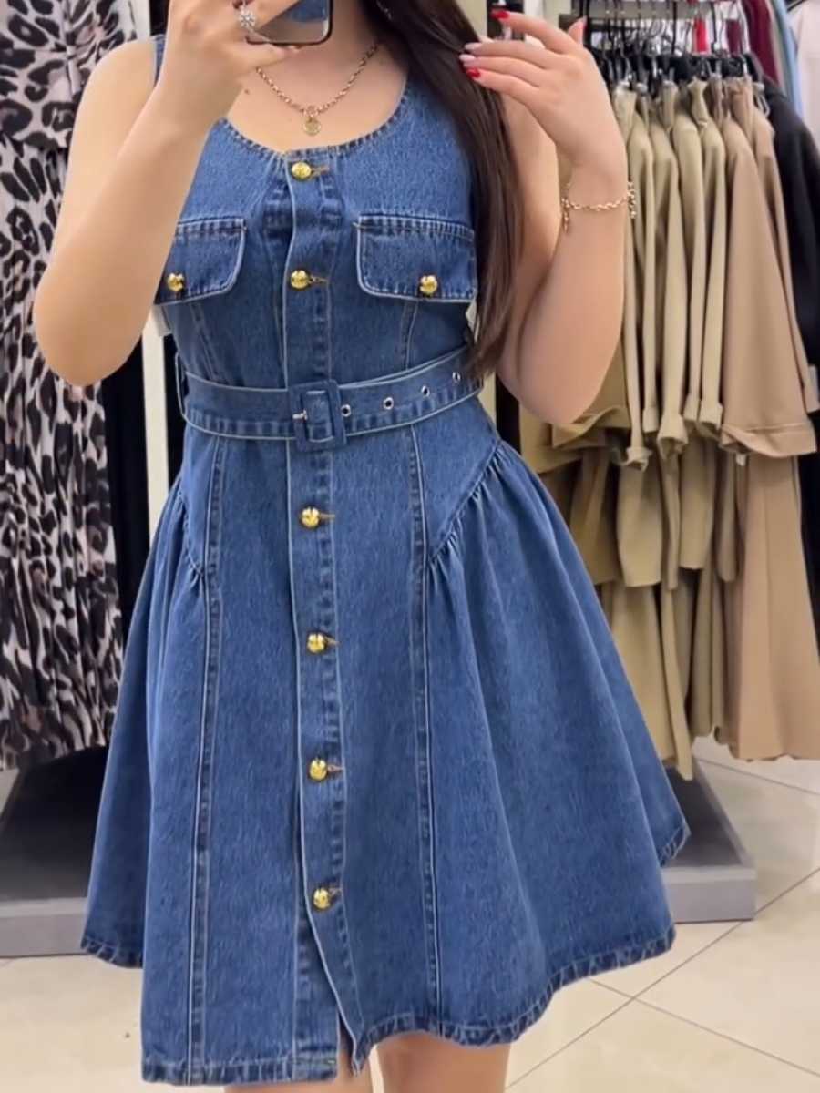 Fitted Waist Belted Denim Dress