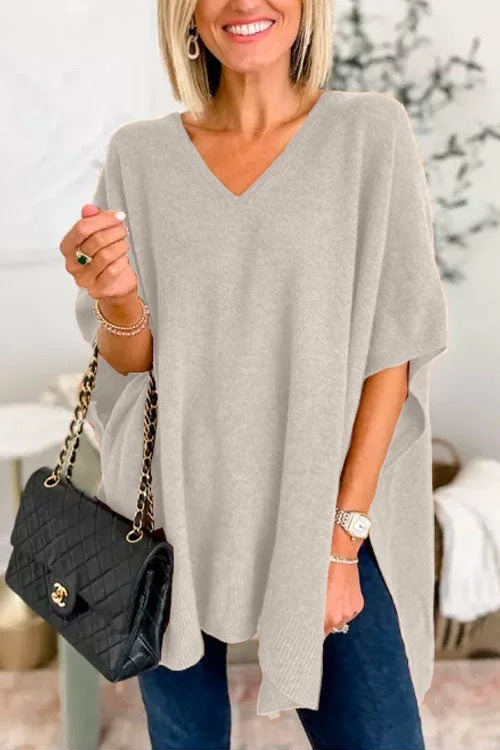 🌈V Neck Loose Fit Solid Poncho Sweater