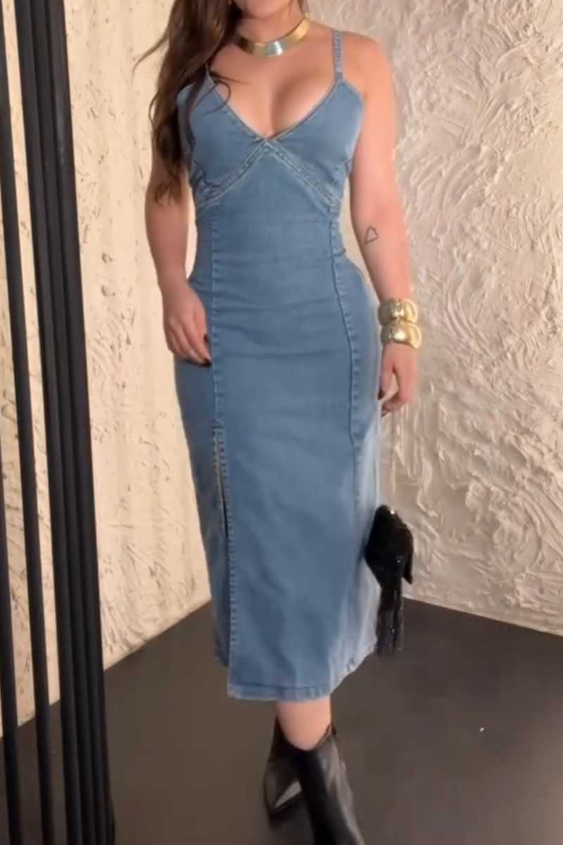 Fitted Denim Dress with Smocked Bodice and Side Slit