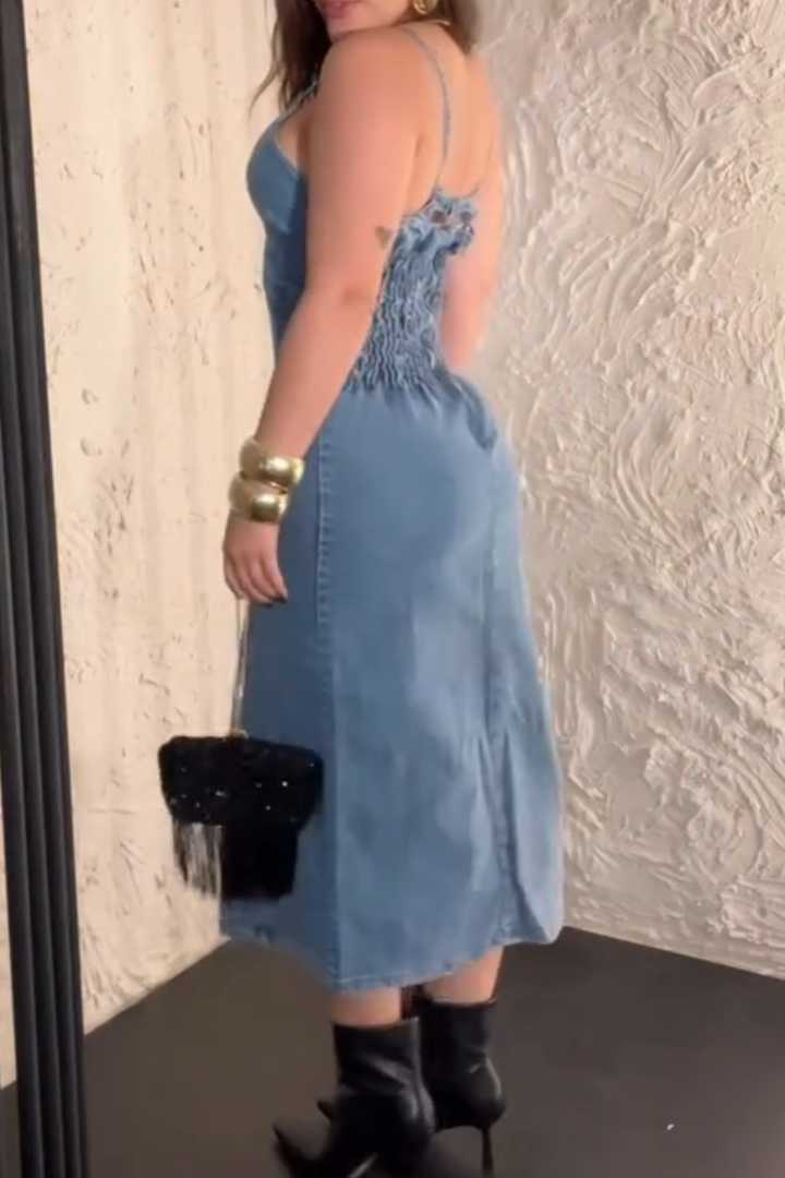 Fitted Denim Dress with Smocked Bodice and Side Slit