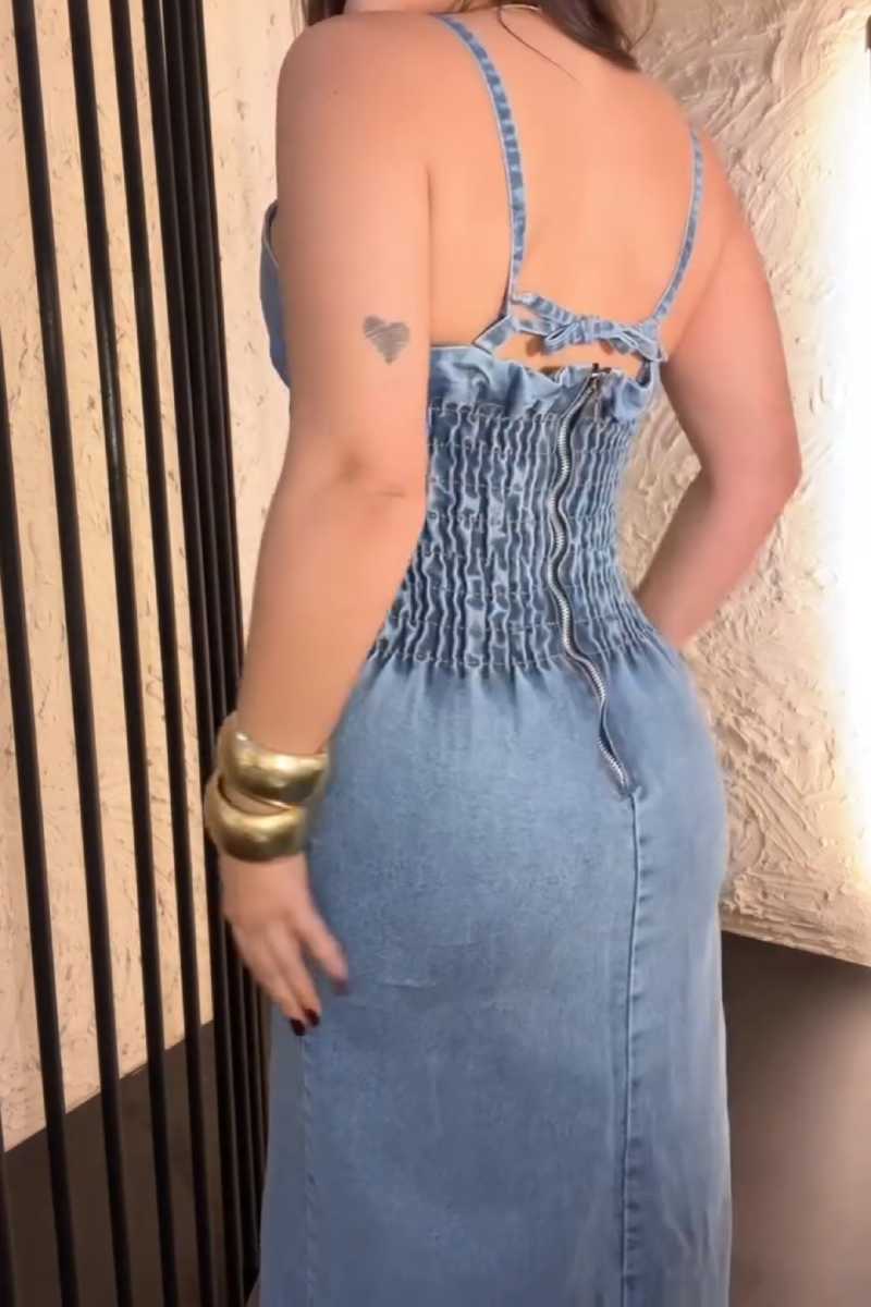 Fitted Denim Dress with Smocked Bodice and Side Slit