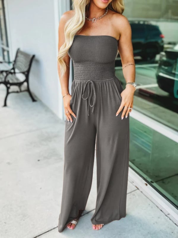 💖Off Shoulder Solid Colour Smocked Jumpsuit