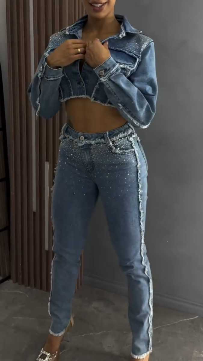 Women's Rhinestone Denim Jacket and Jeans Set