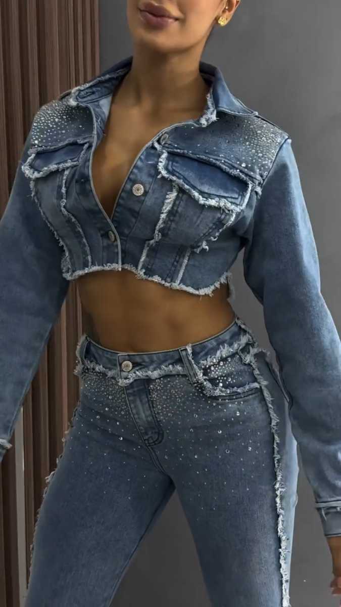 Women's Rhinestone Denim Jacket and Jeans Set
