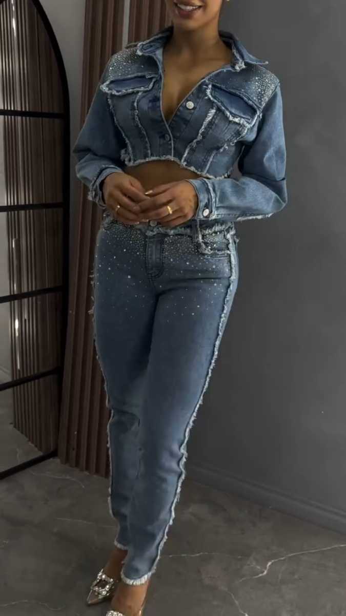 Women's Rhinestone Denim Jacket and Jeans Set
