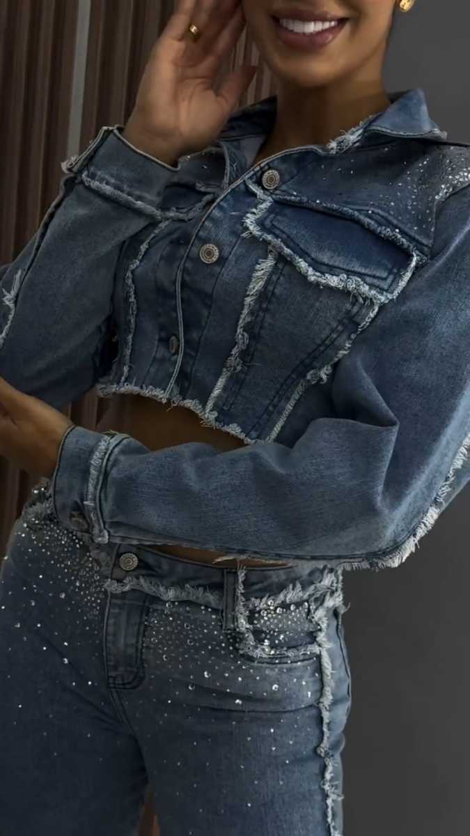 Women's Rhinestone Denim Jacket and Jeans Set