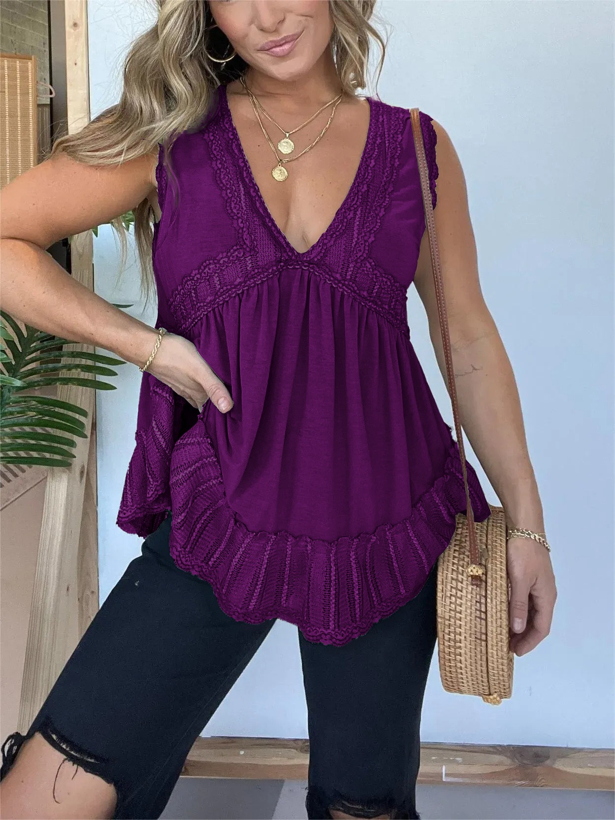 V-NECKLINE SLEEVELESS FLOW TOP WITH LACE TRIM (BUY 2 FREE SHIPPING)