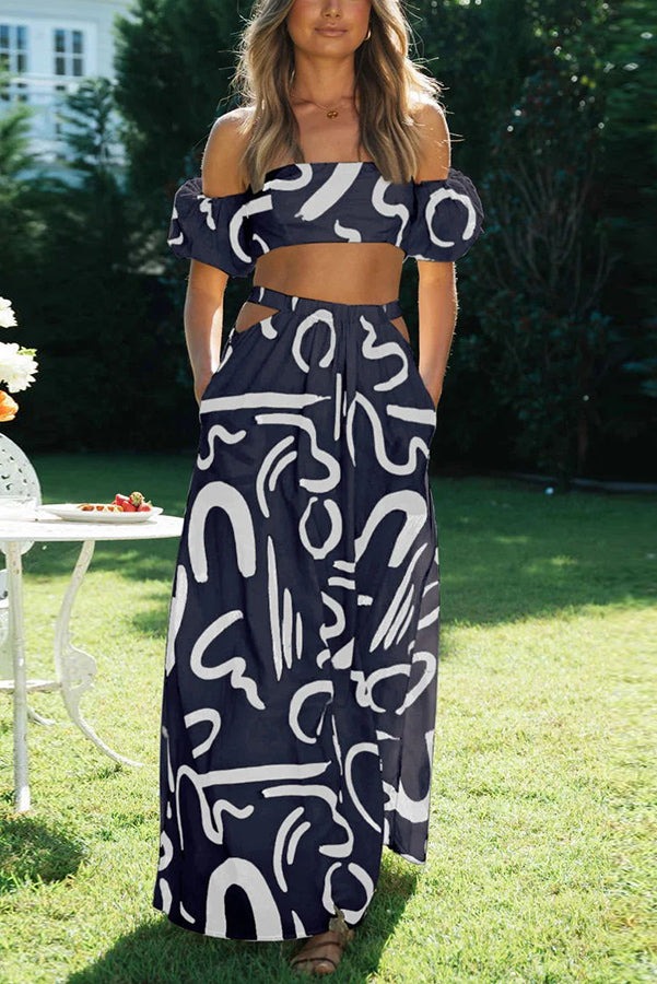 Printed Off Shoulder Crop Top and Pocketed Cutout Maxi Skirt Set